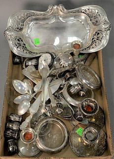 Sterling silver lot with flatware, bowl, pocketwatch, four short candlesticks, coasters, and small frame. 39.3 t oz.