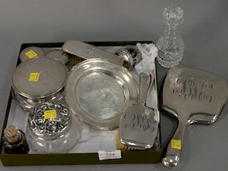 Eleven piece sterling silver lot with five silver top jars, 9.7 t oz. plus three weighted pieces.