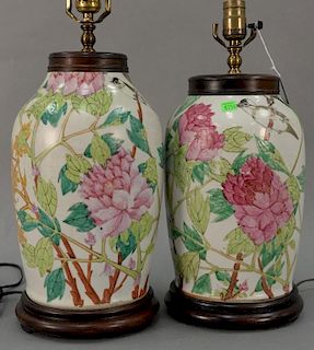 Pair of Chinese jars made into table lamps, vase ht. 12in.