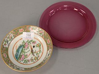 Two sets of plates including set of twelve Rose Famille berry bowls and a set of twelve cranberry glass luncheon plates. dia.