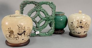 Four piece lot to include a pair of Chinese covered jars (both as is)ps), a green glaze jar, and a plaque. plaque: 12" x 12".