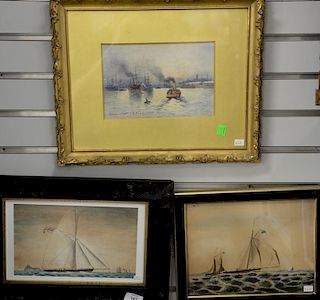 Four small ship paintings to include two primitive watercolors of sailing vessels at sea, David Small (1846-1927) watercolor 