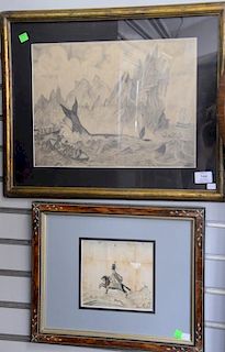 Two Folk Art drawings including a pencil drawing harpooning a whale and a watercolor of cavalry officer on horseback, sight s