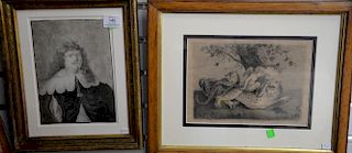 Two small 18th century drawings including French Bistre of cupid with beast (ss 7" x 10") and portrait of a Dutch gentleman (