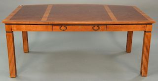 Custom Contemporary inlaid office table with bowed front and two part credenza. table: ht. 30 1/2in., top: 42" x 72", credenz