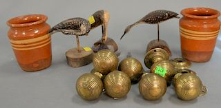 Box lot with 19th century brass door knobs seven pieces, two redware pots, and 13 mini shore bird decoys (ht. 4 1/2in.)