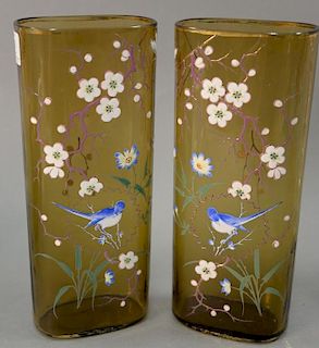 Pair of Moser amber art glass enameled vases, having enamel flower trees, birds, and fly. ht. 11in.
