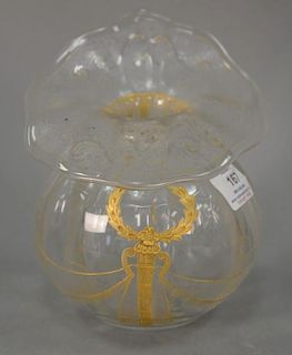 Large etched glass bud vase having ruffled rim and enameled gilt decoration attributed to Moser. ht. 7 1/2in.