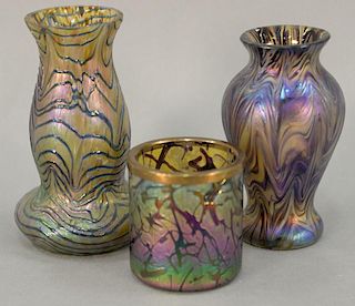 Attributed to Loetz, three art glass iridescent vases including two small vases and a tooth pick holder. ht. 2 3/4in., 5in., 
