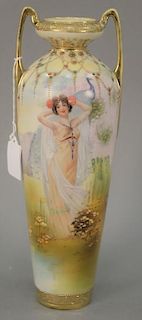 Nippon scenic jeweled porcelain vase with hand painted scene of a woman in landscape under jeweled top with handles, marked N