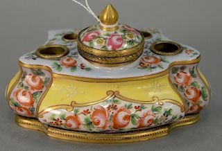 French porcelain bronze mounted inkwell, 19th century ormolu, mounted bronze and hand painted flowers. ht. 3 1/2in., wd. 6in.