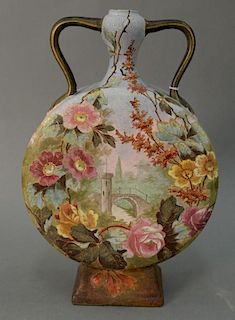Large Royal Bonn tapestry moon urn with handles having painted flowers and a bridge over water. ht. 13 1/2in., dia. 9in.