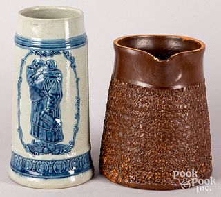 Redware pitcher, stoneware flagon