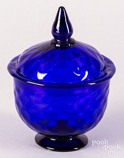 Blown cobalt blue glass diamond quilted sugar bowl