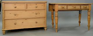 Two pine pieces including a pine two over two drawer chest and a pine three drawer table. chest: ht. 32in., wd. 45 1/2in. tab