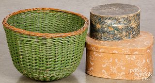Painted basket, two wallpaper boxes