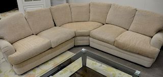 Tan upholstered sectional sofa and matching club chair. sofa: lg. 90" x 90"