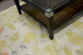 Glass top coffee table on wood base. ht. 18in., top: 36" x 36"