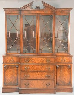 Mahogany two-part breakfront with glazed doors. ht. 87", wd. 66", dp. 19"