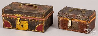 Two small leather covered lock boxes, 19th c.
