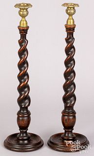 Pair of English oak spiral candlesticks