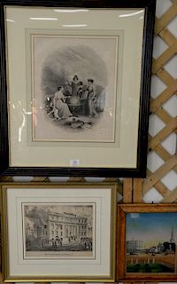 Three framed pieces to include N. Currier Press Ruins of the Merchants Exchange N.Y (9 1/2" x 11 1/4"), Reverse painting on g