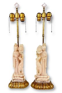 (2) Chinese Carved Pink Alabaster Figurine Lamps