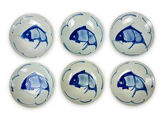 (6) Vintage Chinese Blue & White Koi Fish Bowls
