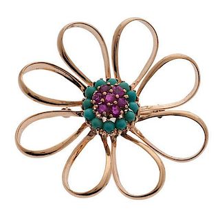 Ruby and Turquoise Brooch in 14 Karat 