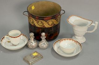 Four piece lot to include two silver overlay small bottles, silver and gold snuff box, metal bucket (ht. 6 1/2in.), and five 
