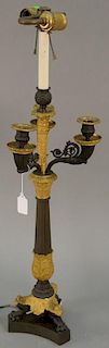 Bronze and gilt bronze candelabra lamp, 19th century. total ht. 29 1/2in.