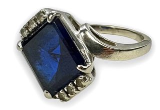 10K White Gold Ring Set W/ Dark Blue Stone