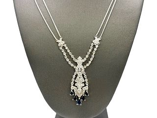 14K White Gold Sapphire & Diamond Drop Necklace