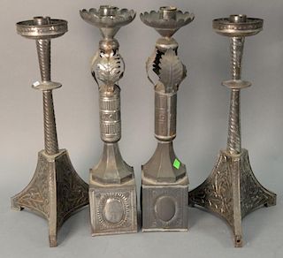 Two pairs of tin candlesticks, 19th/20th century. ht. 21in. & 20in.