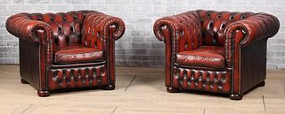 Pair English Leather Chesterfield Club Chairs
