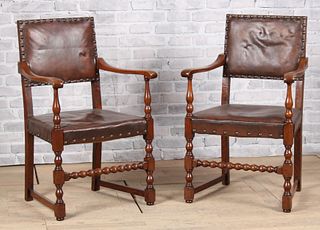 Pair English Leather Armchairs