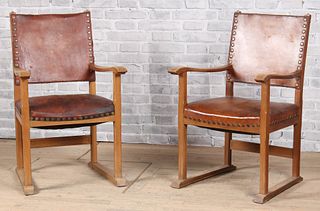 Pair French Leather Armchairs