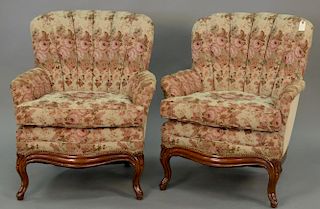 Pair of barrel back chairs with tapestry upholstery.