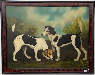 Large 20th century primitive style painting with two dogs, 35" x 48".
