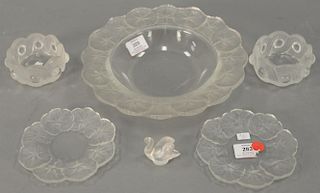 Group of six Lalique crystal pieces including large dish with frosted leaf border (dia. 10 1/2") and matching small dishes, p