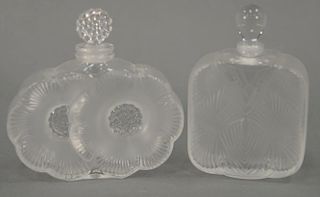 Two Lalique frosted crystal perfume bottles "Deux Fleurs" and small square bottle, ht. 3 3/4in.