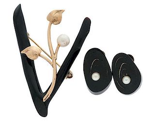 Black Coral Earrings and a Black Coral Brooch with Pearls 