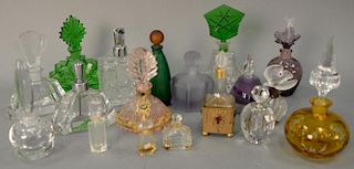 Tray lot of 18 crystal perfume bottles including Empire art gold perfume, pink crystal perfume mounted with brass and jewels,