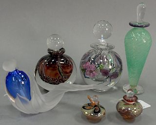 Group of six art glass perfume bottles including William Glasner art glass floral perfume signed and dated, Lundberg Studios 