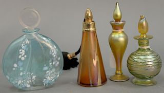 Four art glass perfume bottles to include Loetz gold iridescent threaded perfume (not marked), a Michael Harris art glass per