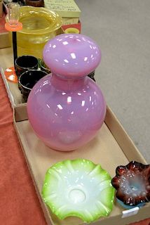 Two boxes of art glass to include a large bottle with stopper plesl candlestick, five carnival glass cups, Fenton Jack in the