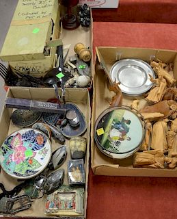 Three box lots to include carved wood figures, razors, Chinese porcelain plate, silver fish, spectacles, stamps, lead ducks, 