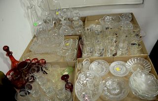 Six box lots of crystal and glass to include three large decanters, cut glass dishes, sandwich glass, Bohemian glass, etc.
