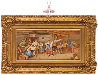 20th C. Meissen Plaque, Hand Painting Of Bar Scene With Gilded Frame
