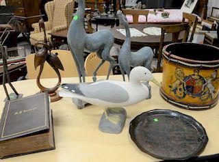 Seven piece group to include carved seagull, pair of carved animals signed D.J., courtship of cranes carved sculpture, bronze